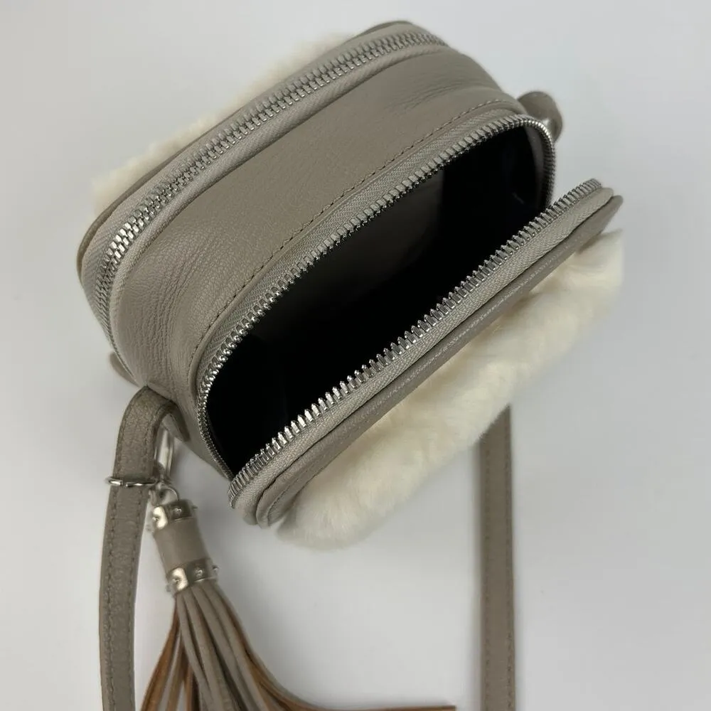 Womens Gray Leather Faux Fur Tassel Adjustable Strap Mini Purse Crossbody Bag - Image 5