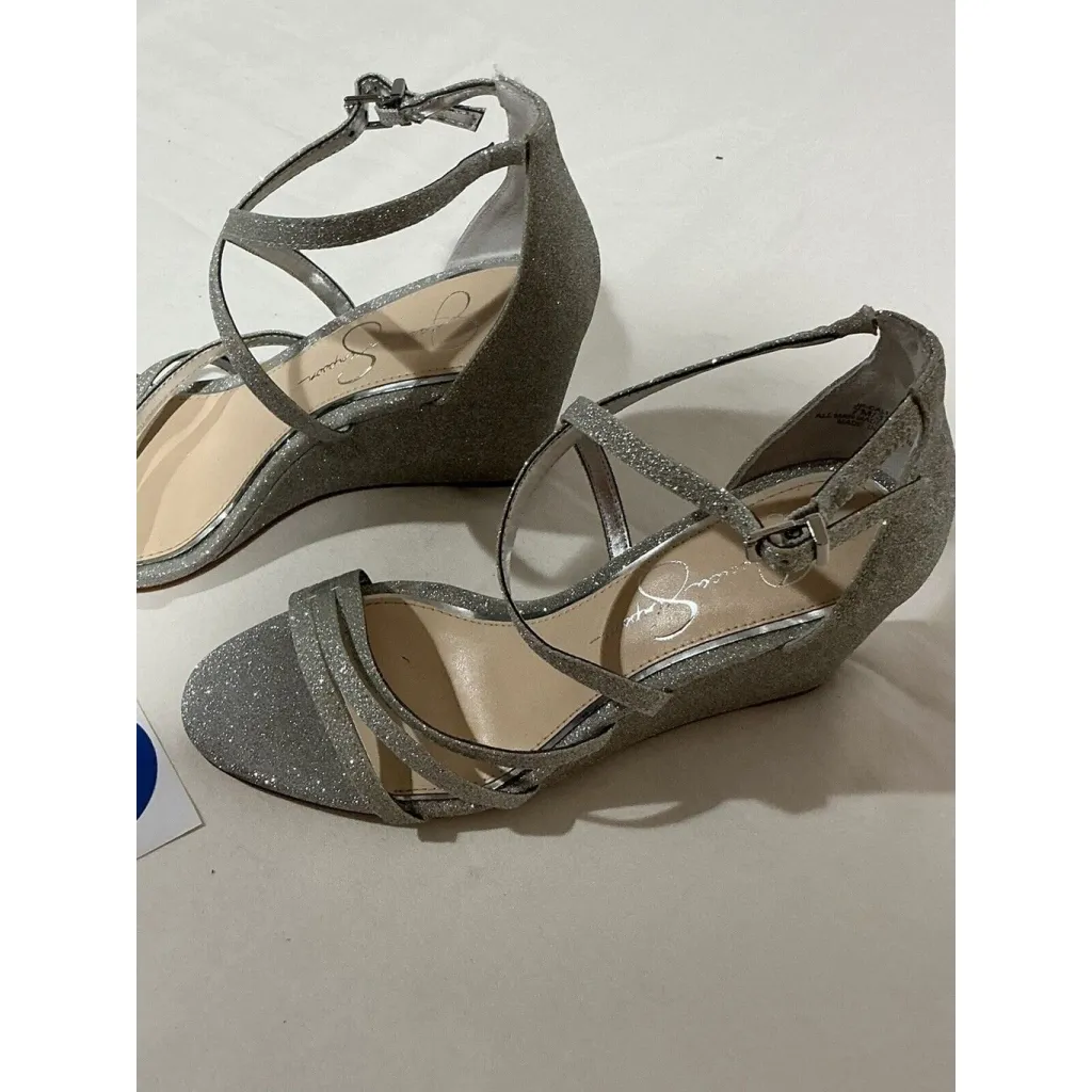 Woman’s Jessica Simpson 7m Silver Sparkly Strappy Open Toe Wedge Heel Sandal 706 - Image 4