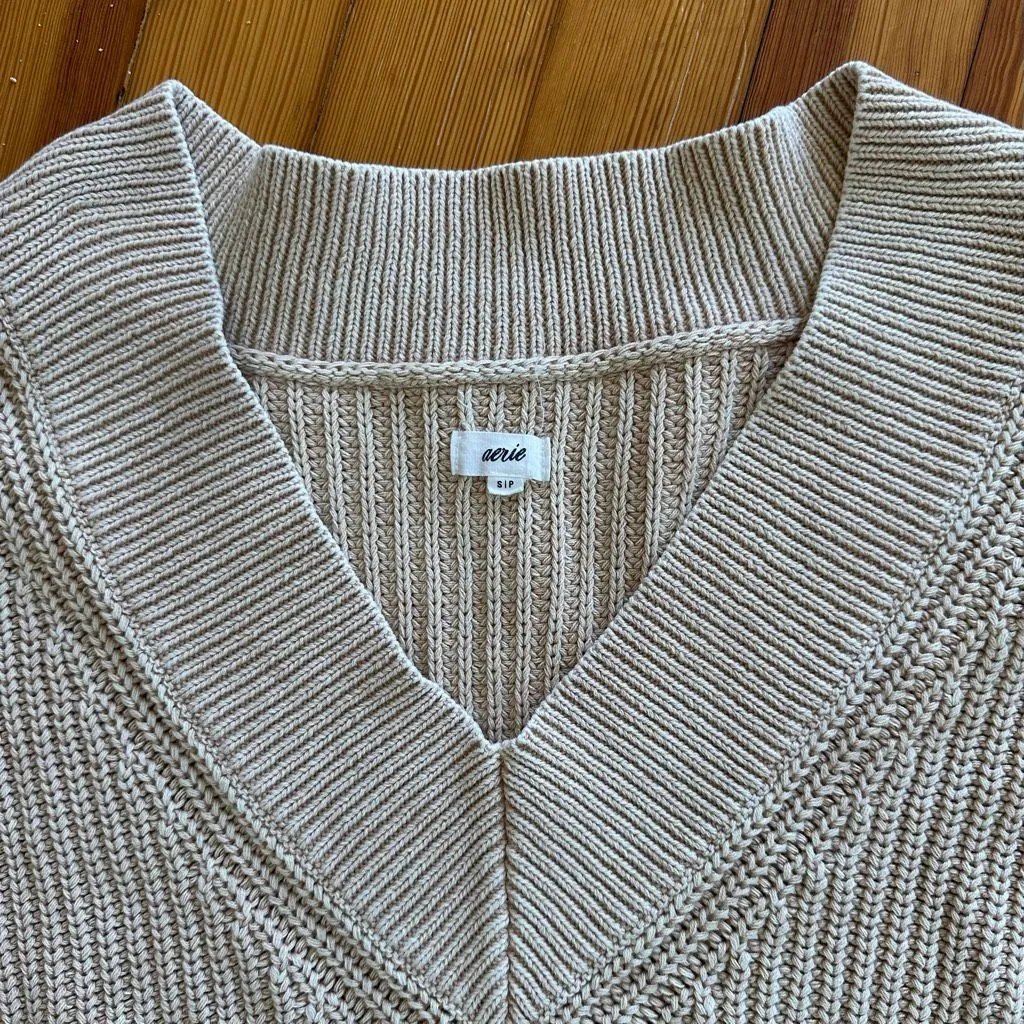 Aerie Rib Knit V-Neck Slouchy Cotton Sweater in Sandalwood Size S - Image 3