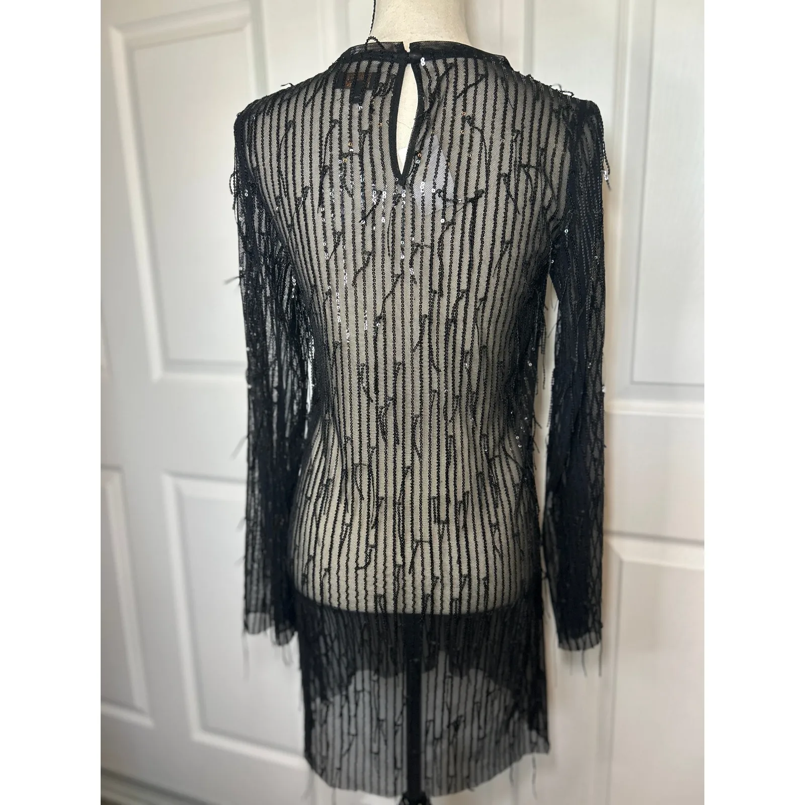 NWT Ontwelfth Black‎ Sequin Fringe Sheer Mesh Long Sleeve Dress Party Cocktail Black Size M - Image 3