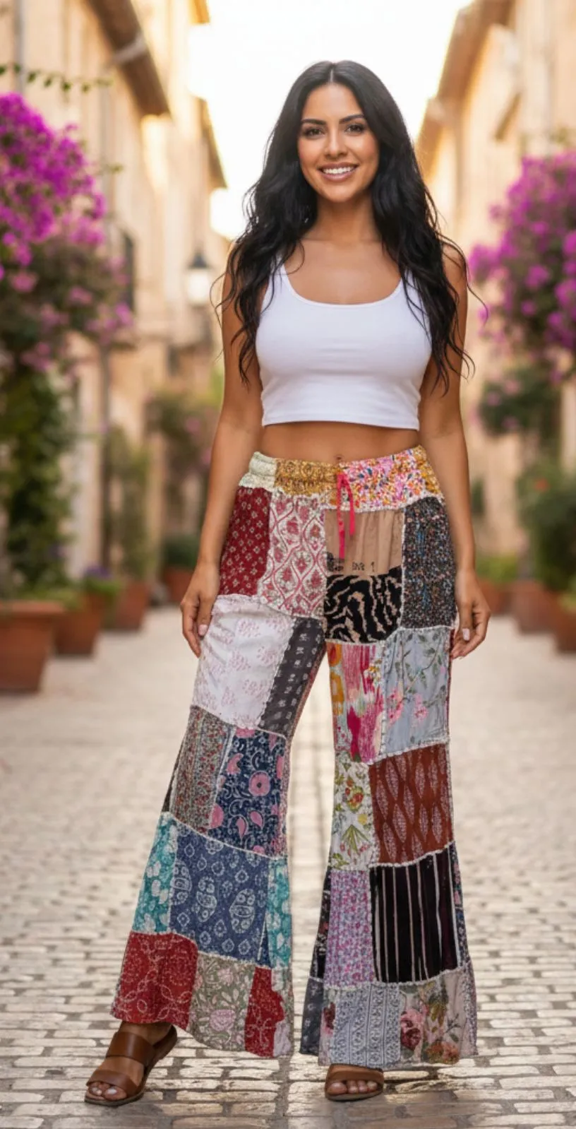Kantha Patchwork Flare Vibrant Boho Wide Leg Hippie Drawstring Pants Size undefined - Image 1
