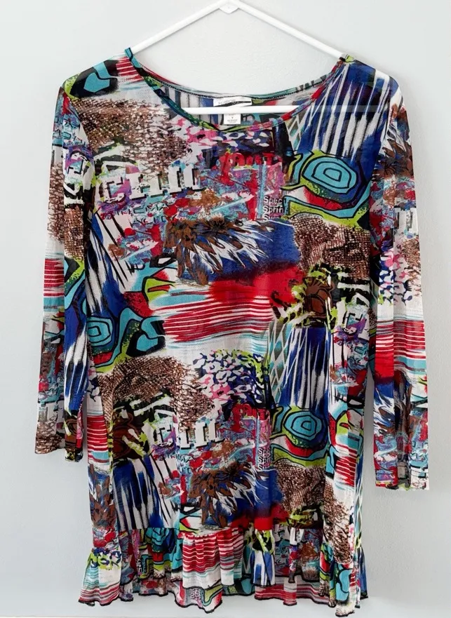 Vintage 90s Mesh Top Size Med Ruffle Hem Grunge Lightweight Geometric Patchwork - Image 1