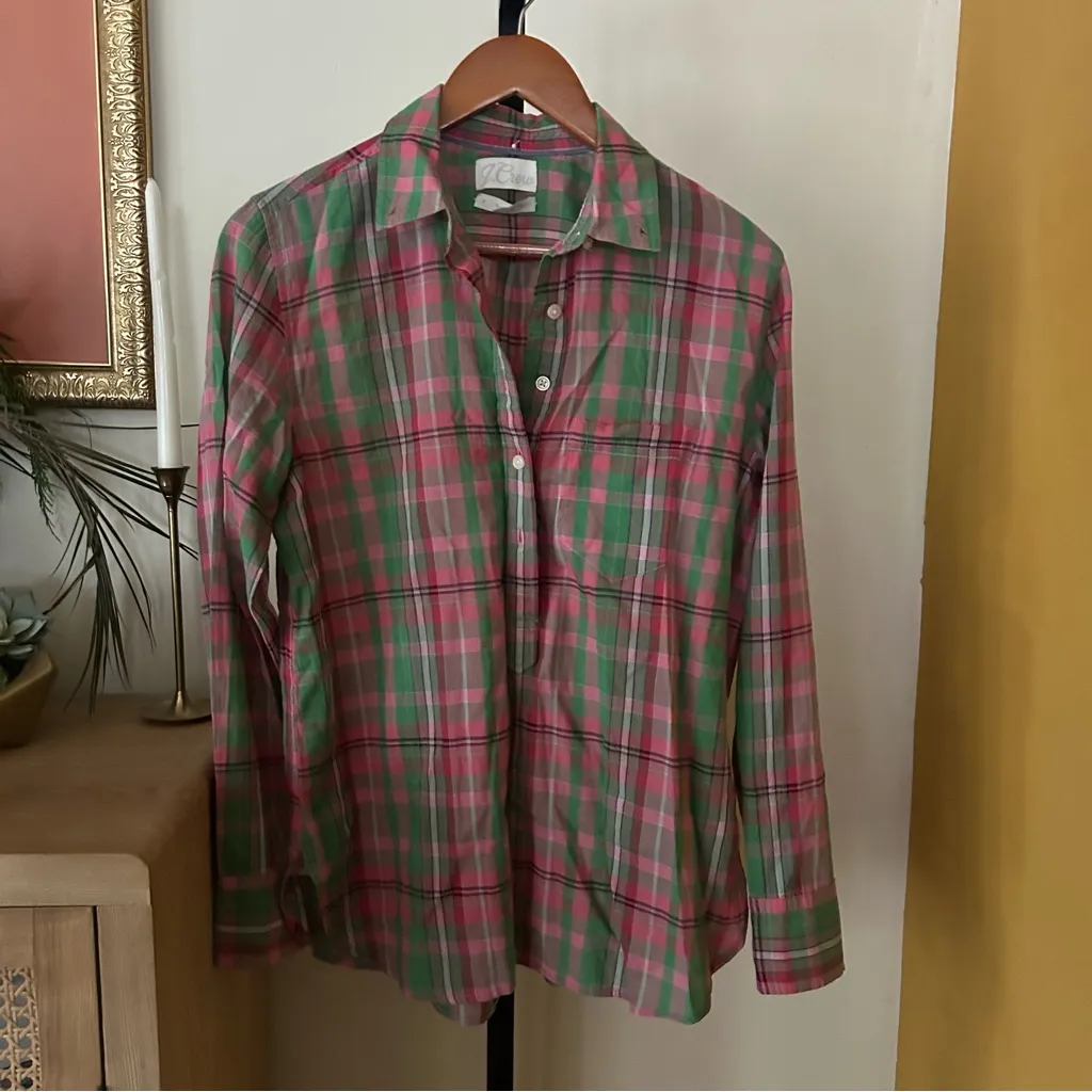 J. Crew Classic-fit Popover In Crinkle Plaid Blouse Pink Green Cotton Top Size 6 - Image 3
