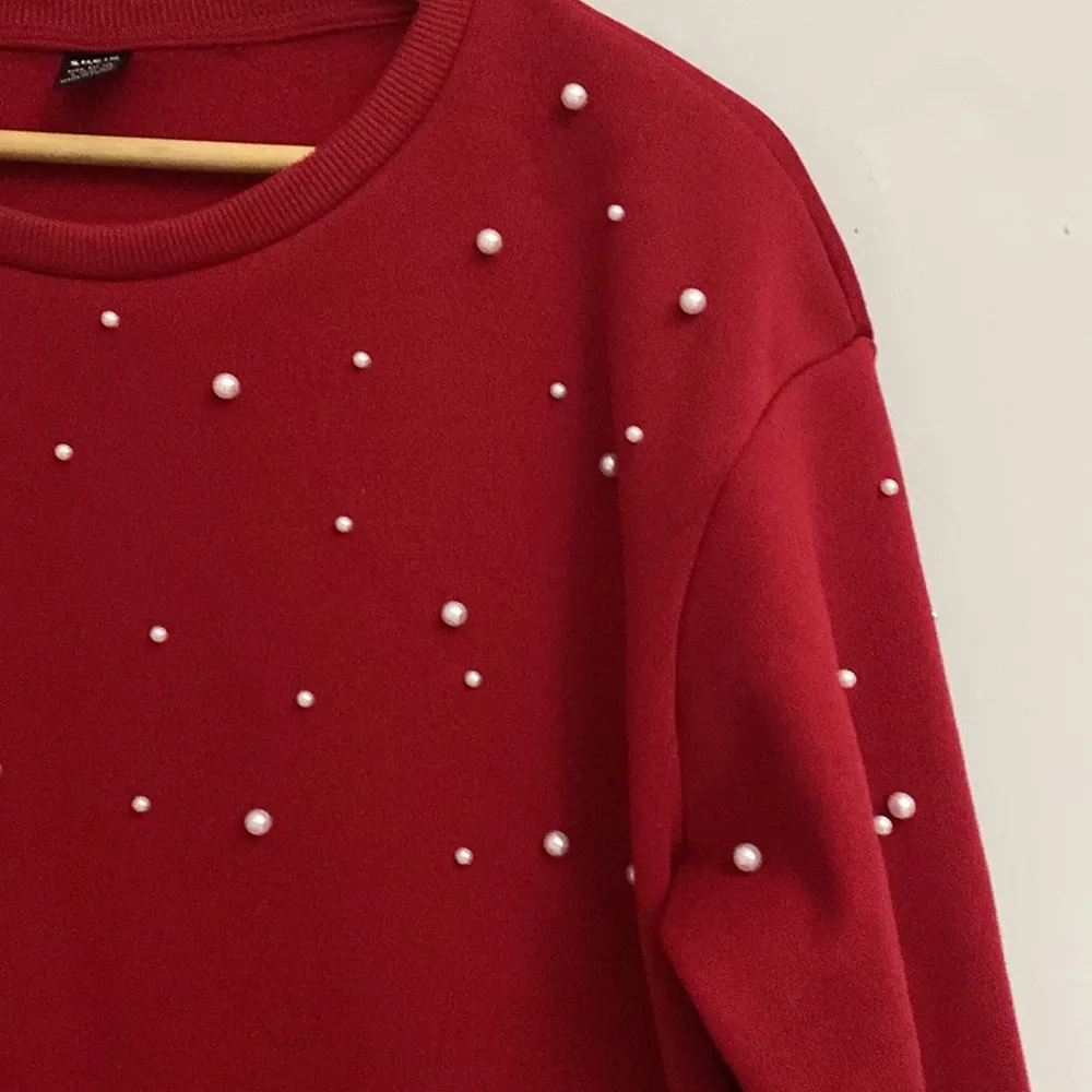 SHEIN womens red Lune Drop shoulders pearls beaded pullover sweatshirt size L - Image 3