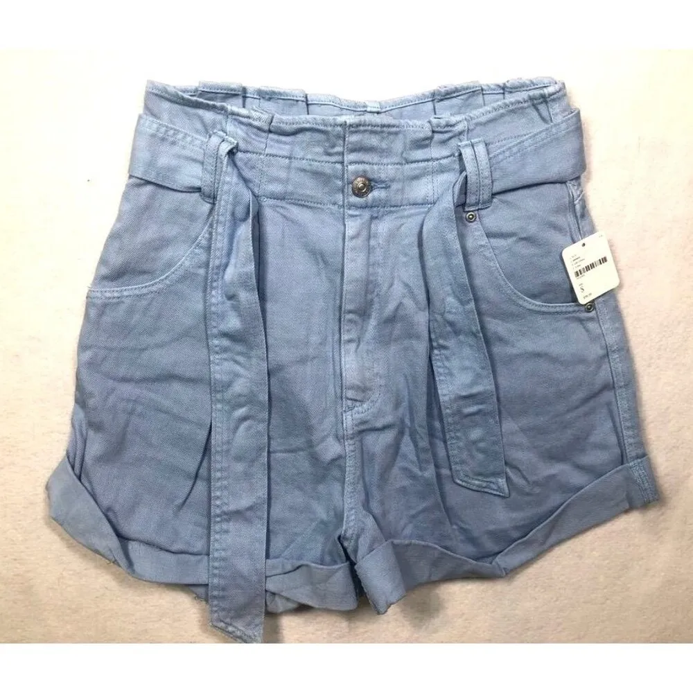 We The Free People Nova Denim Paper Bag High Rise Shorts Light Blue Womens Small - Image 2