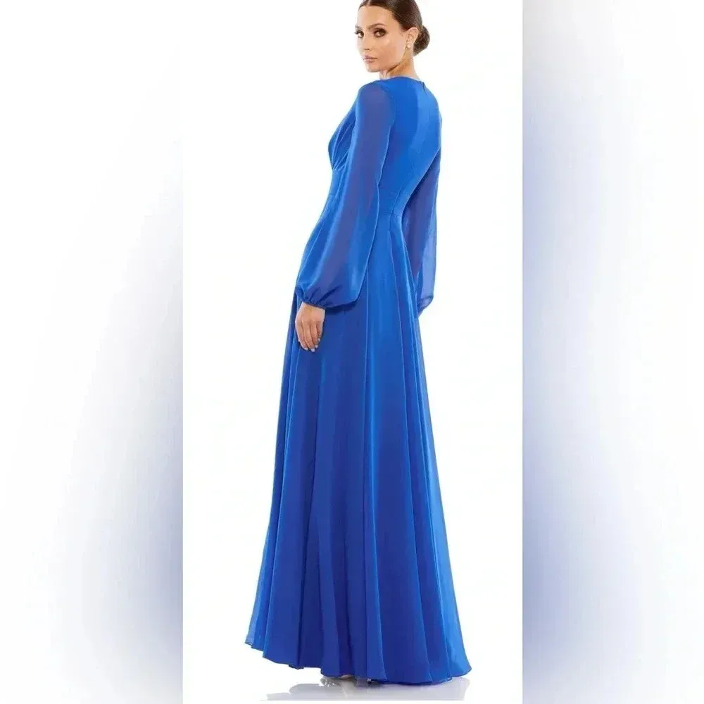 Mac Duggal Blue V-Neck Illusion Long Sleeve Chiffon Gown, 55682, Size 6 (NEW) - Image 4