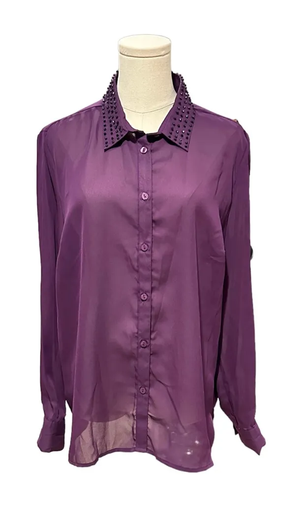 Jaclyn Smith Women's Large Purple Button-Up Long Sleeve Blouse w/Studded Collar - Image 1