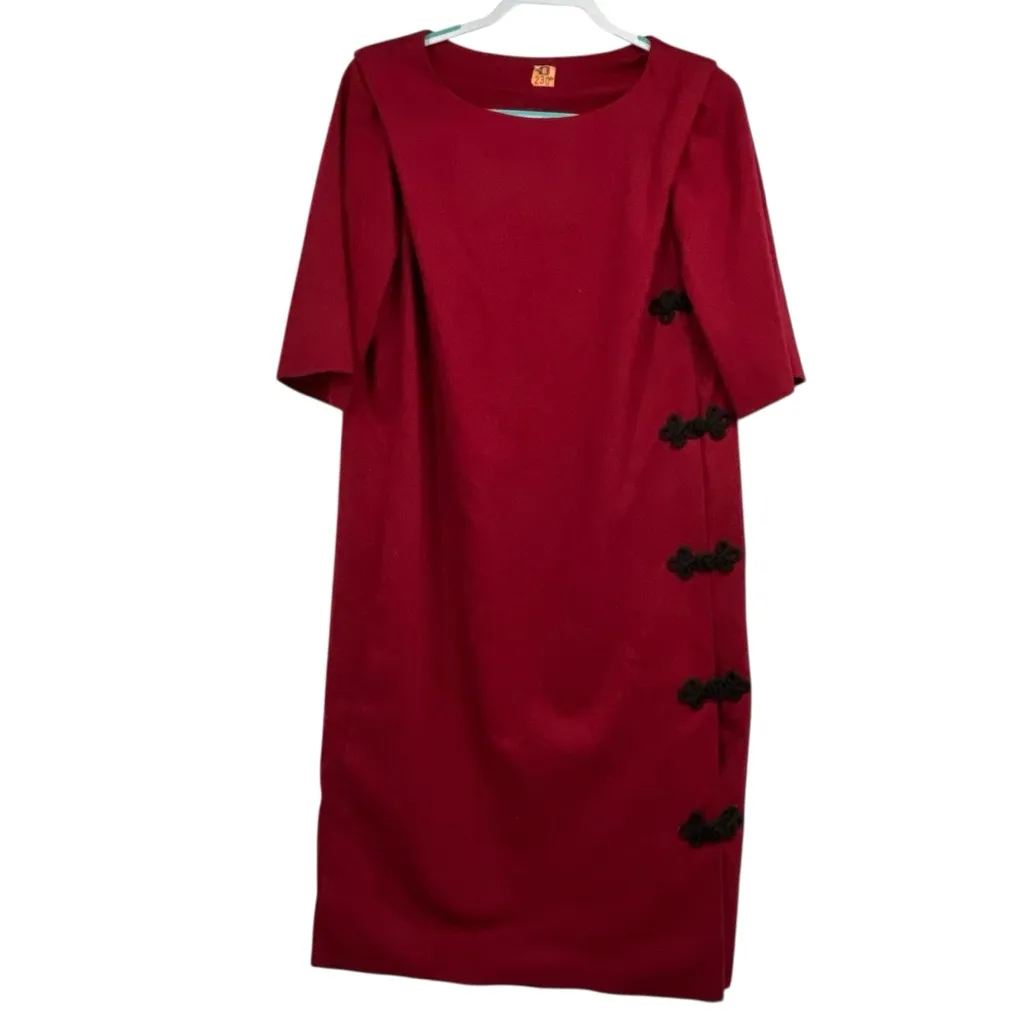 Vintage 1960s Handmade Couture Wool Dress Crimson Red w/ Black Frog Closures Size 8 - Image 5