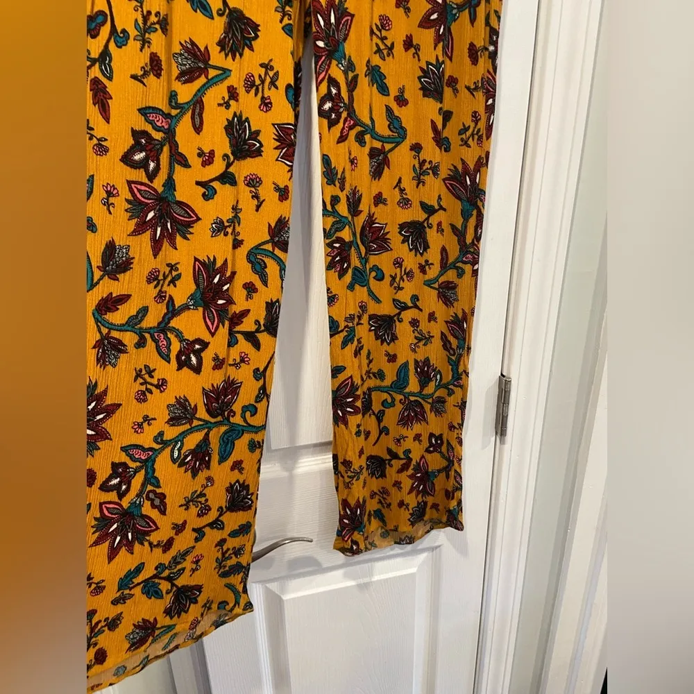 BBJ Los Angeles Mustard Fleur De Lis Flowy Wide Leg Boho Belted Pants Size L Gold Size L - Image 2