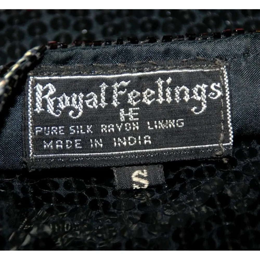 Vintage Royal Feelings Black Full Sequin Sparkle Silk Blouse Size S Short Sleeve - Image 10