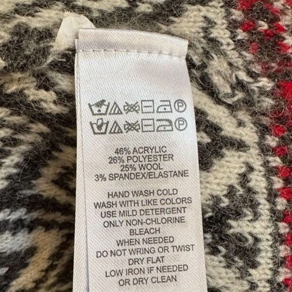 ASPEN Womens Wool Chunky Gray Fair Isle Nordic Open Front Sweater sz M Cabincore Red Size M - Image 6