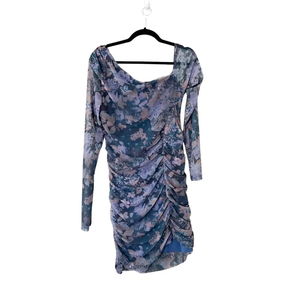 NWT FREE PEOPLE Chloe One-Shoulder Long Sleeve Bodycon Floral Mini Dress Blue L - Image 50