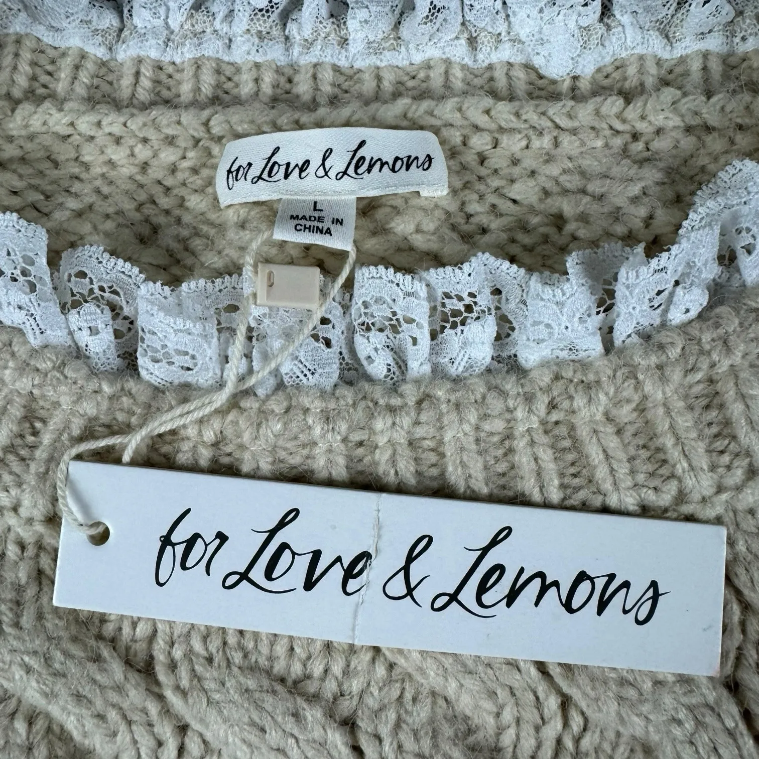 For Love and Lemons Milana Cable Knit Lace Trim Oversized Sweater Dress Sz L NWT Tan Size L - Image 4