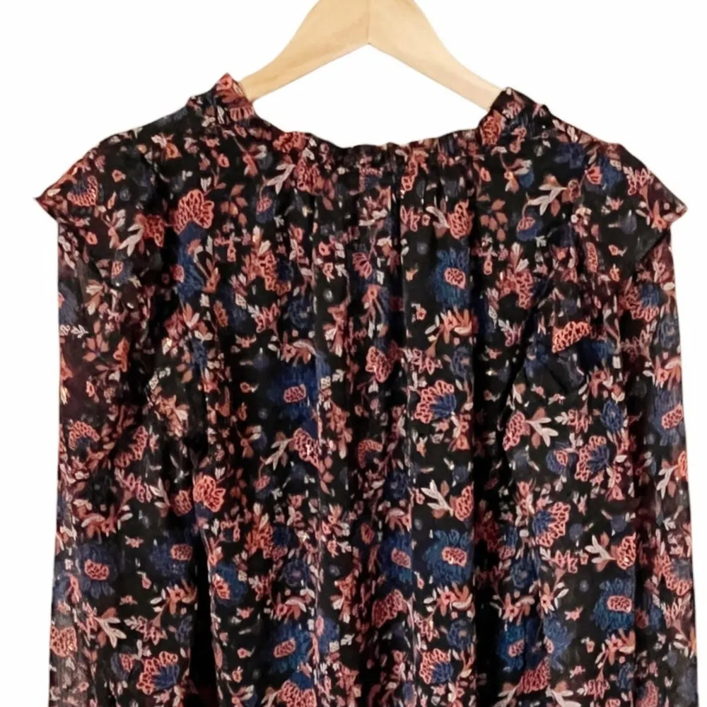 JOIE Peasant Floral Silky Blouse Black Red Gold Thread Long Sleeves Ruffles Sm - Image 5