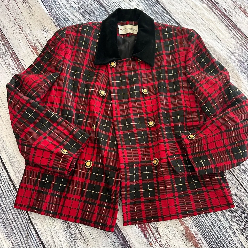 Vintage JH Collectibles 100% Wool Red and Black Plaid Double Breasted Blazer Size 16 - Image 2