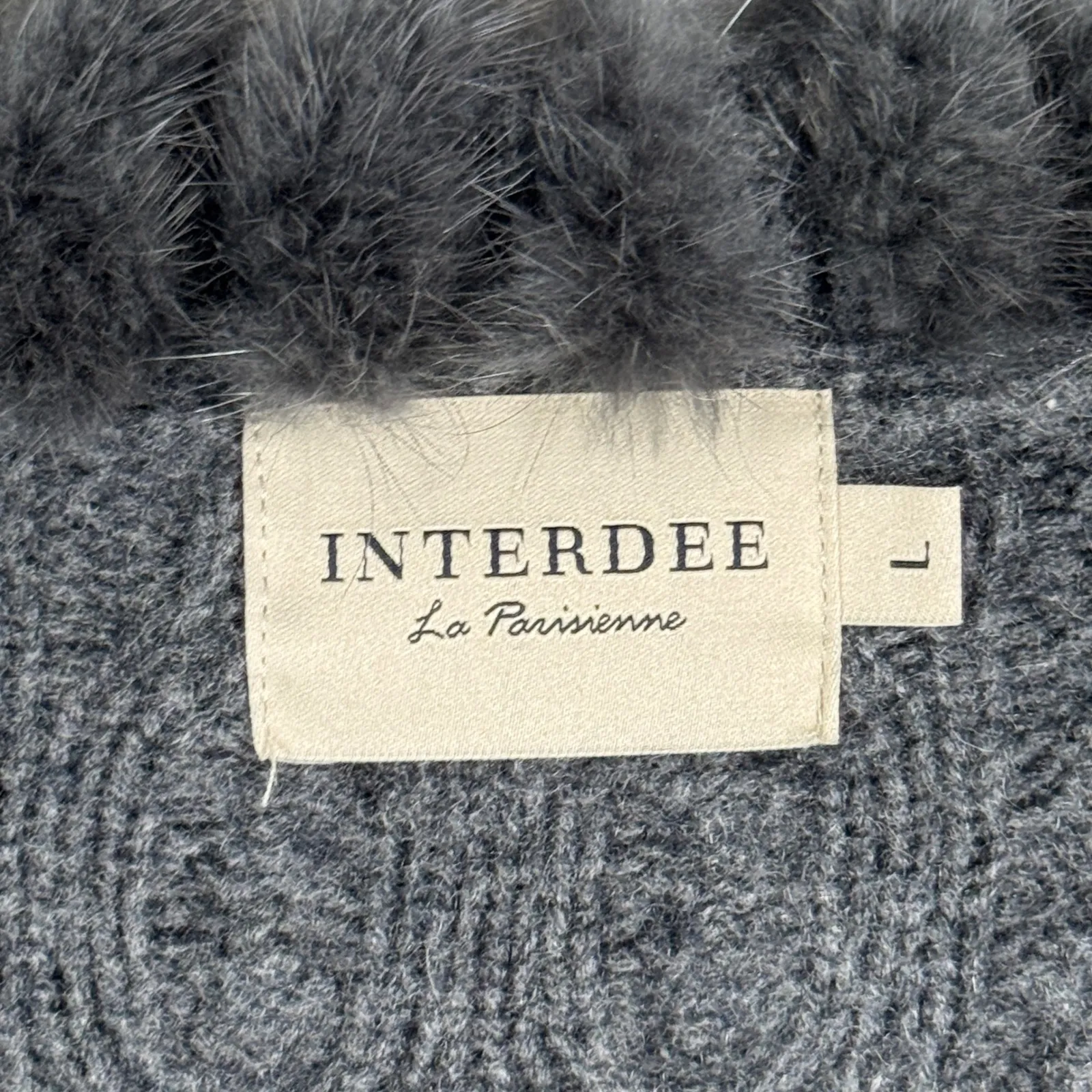 INTERDEE La Parisienne Cardigan Womens Gray Cable‑Knit Zip Faux‑Fur Collar Large - Image 7