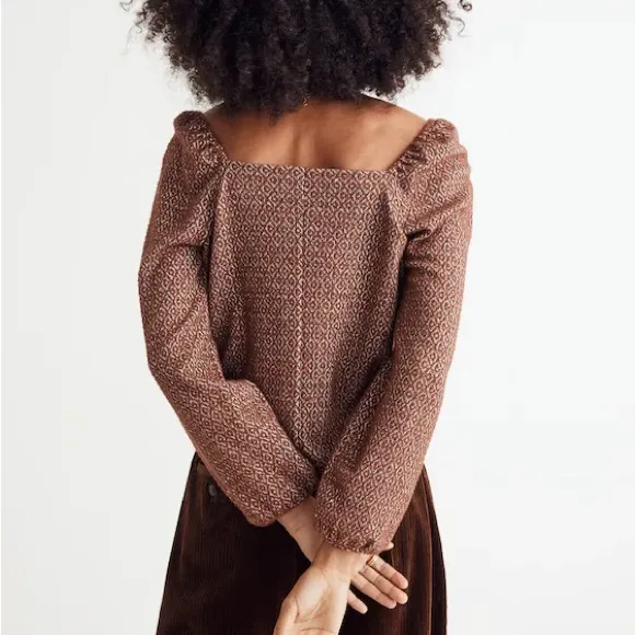 MADEWELL Jacquard Puff-Sleeve Boho Cropped Long Sleeve Blouse Top - Image 3