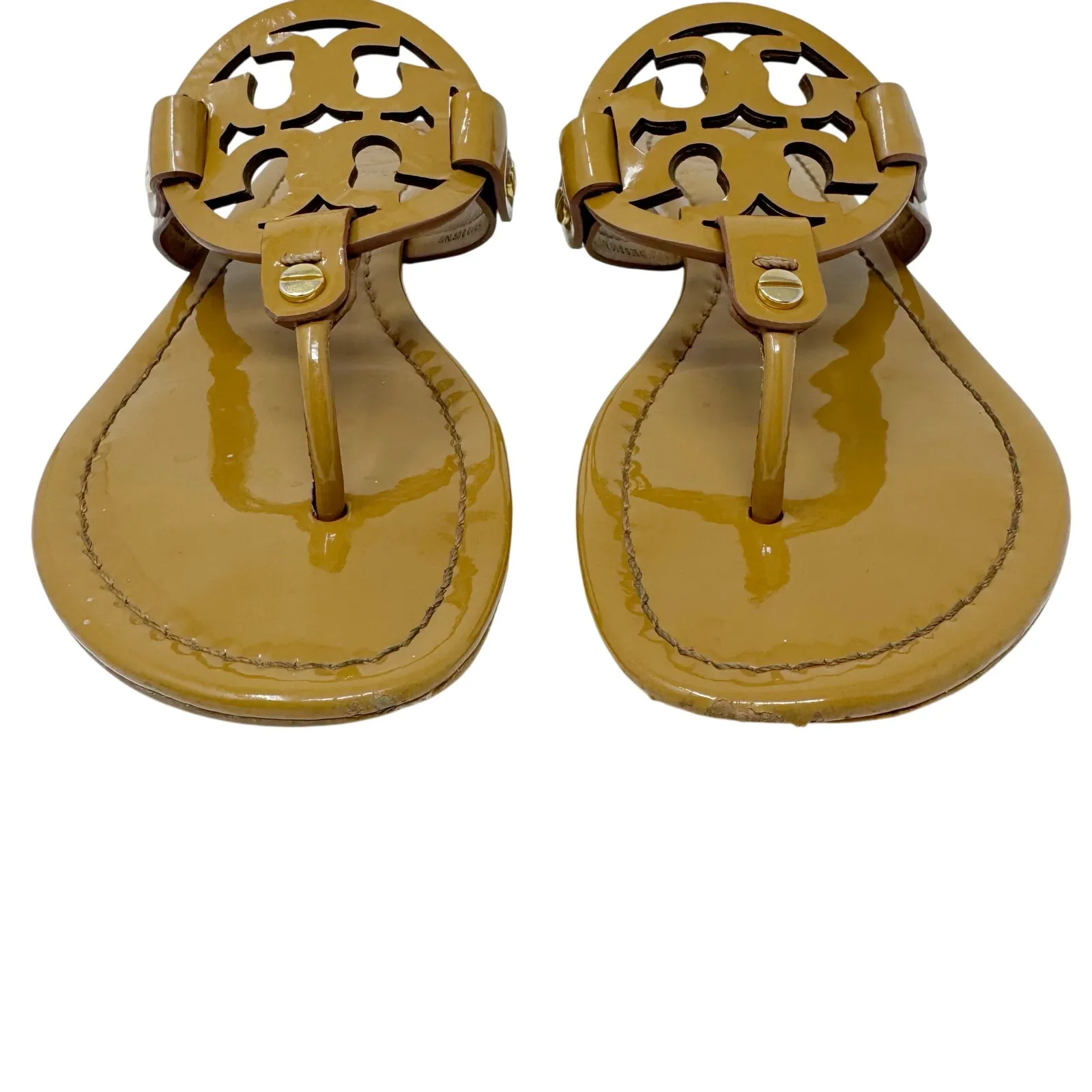 TORY BURCH Tan Caramel Patent Leather Miller Classic Designer Logo Sandals 6.5 - Image 2