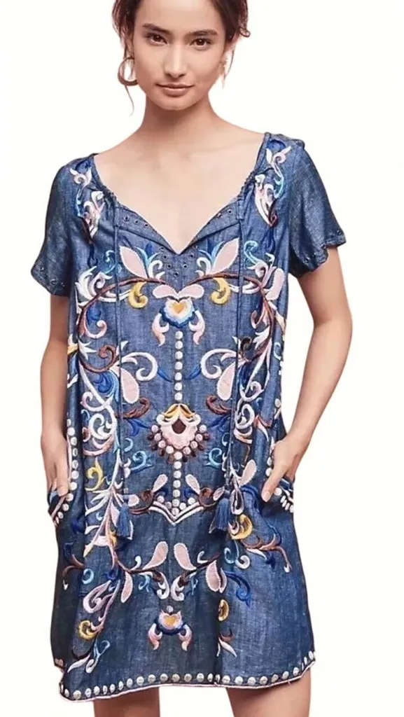 Holding Horses Anthropologie Folklore Embroidered Chambray Dress Western Size 0 - Image 1