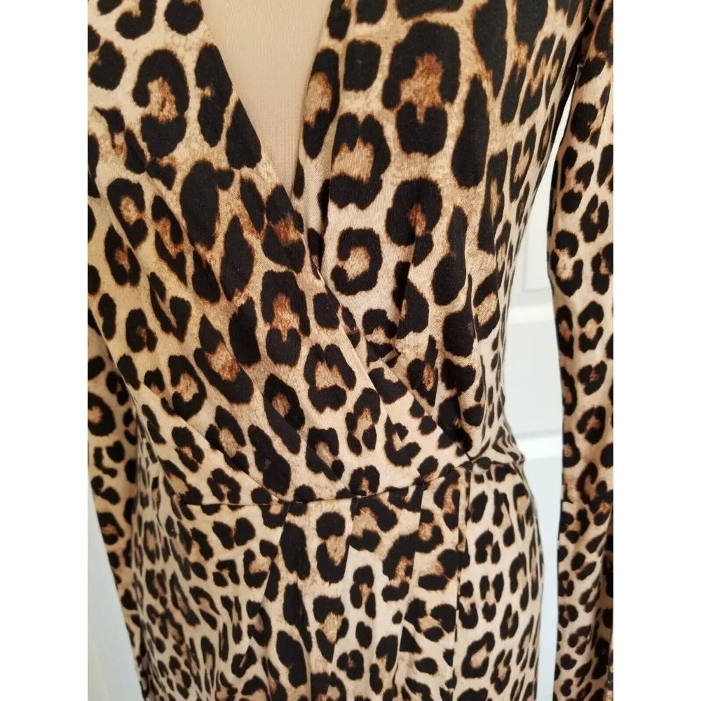 Good American Good Leopard Long Sleeve Knit Jersey Wrap Midi Dress Size 1 (S) - Image 4