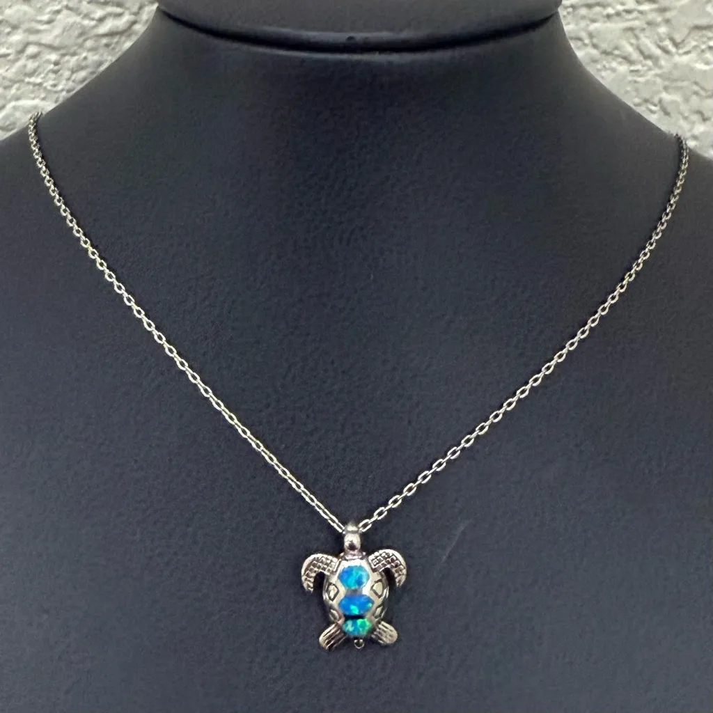 925 Sterling Silver Blue Opal Inlay Sea Turtle Pendant 16” Necklace 3g. - Image 7