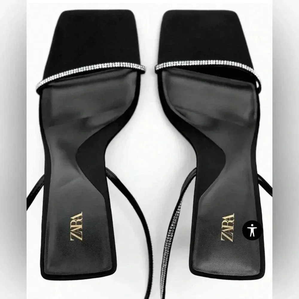 ZARA BRAND BLACK HEELED SANDALS WITH RHINESTONE STRAPS size35 size 5US - Image 4