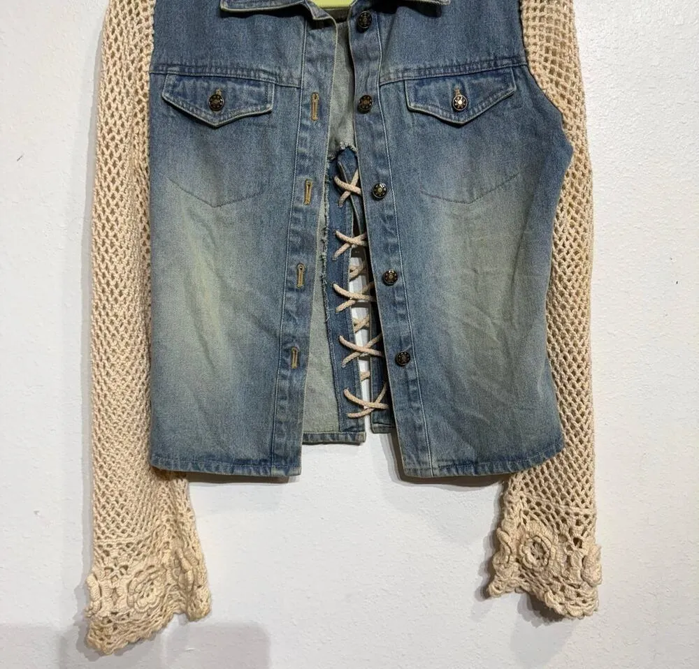 Cama Sol Denim Crochet Sleeve Vintage Jacket Sz S Blue - Image 4