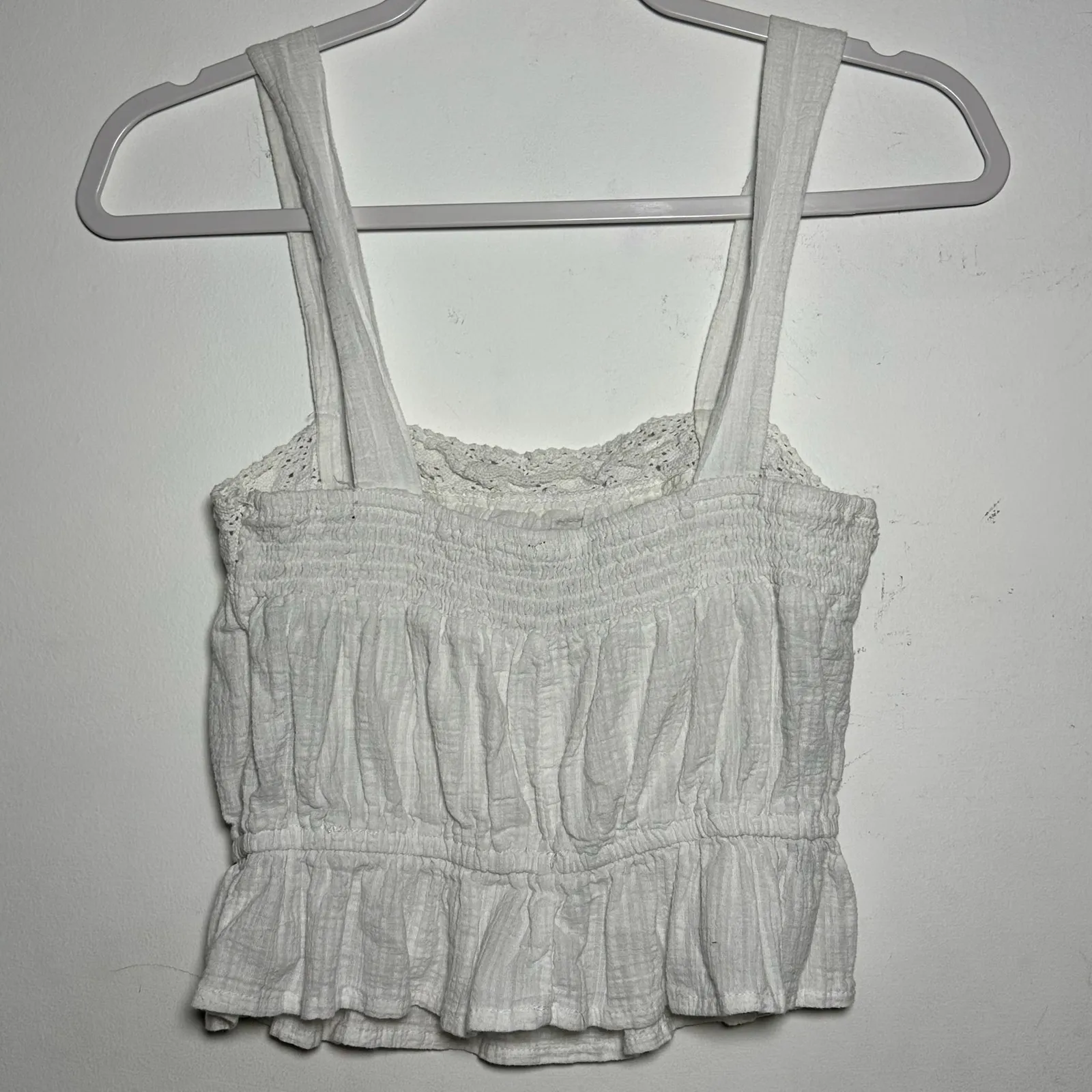 White Smocked Crochet Trim Peplum Crop Tank Top Women XS - Image 2