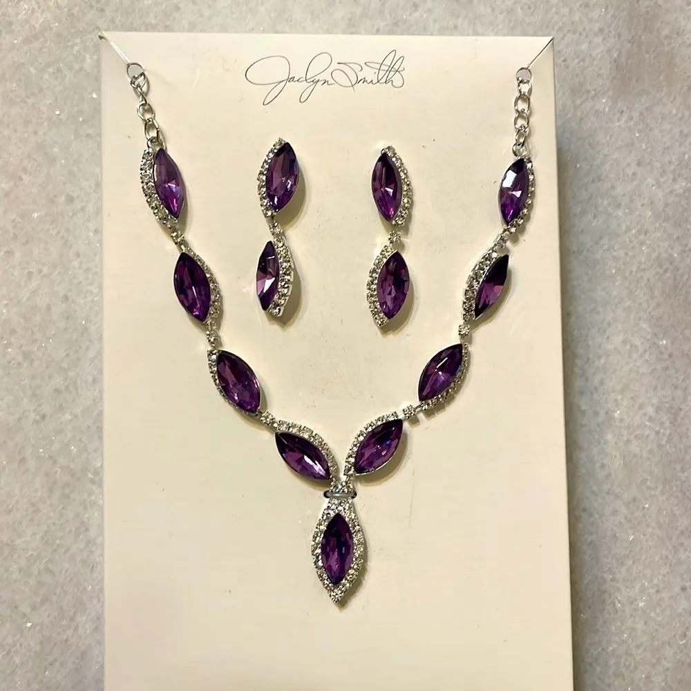 Jaclyn Smith Pear-Shaped faux Amethyst Diamond Accent Necklace Set Silver Tone - Image 2