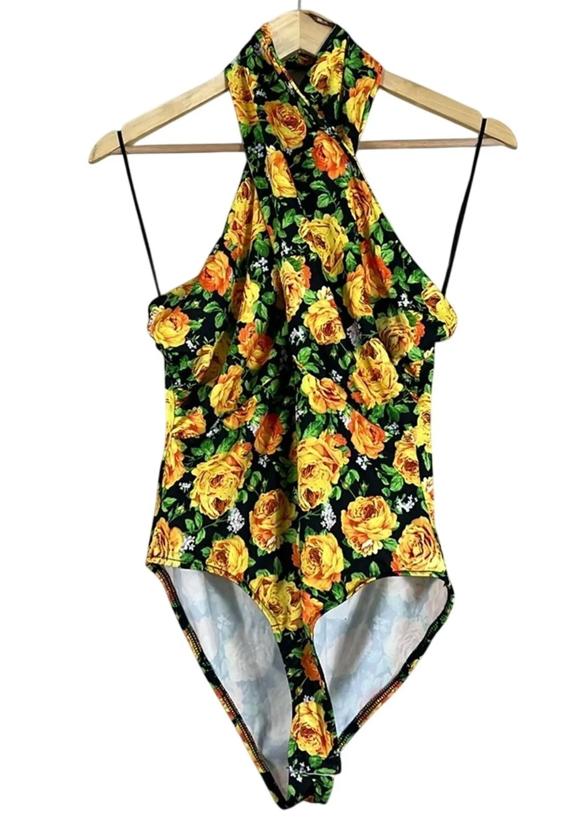 NWT Zara Bodysuit Womens L Yellow Floral Halter Neck Backless Boho Feminine - Image 5