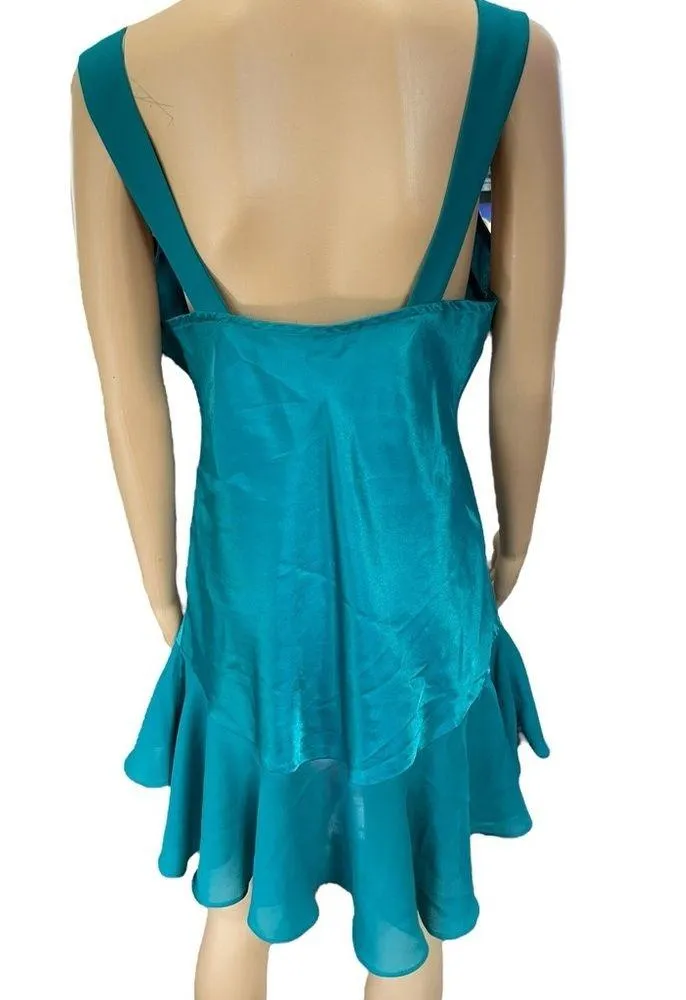 Sleep Solutions Vintage 90s Teal Ruffle Bow High Low Mini Lingerie Slip Dress Size M - Image 4