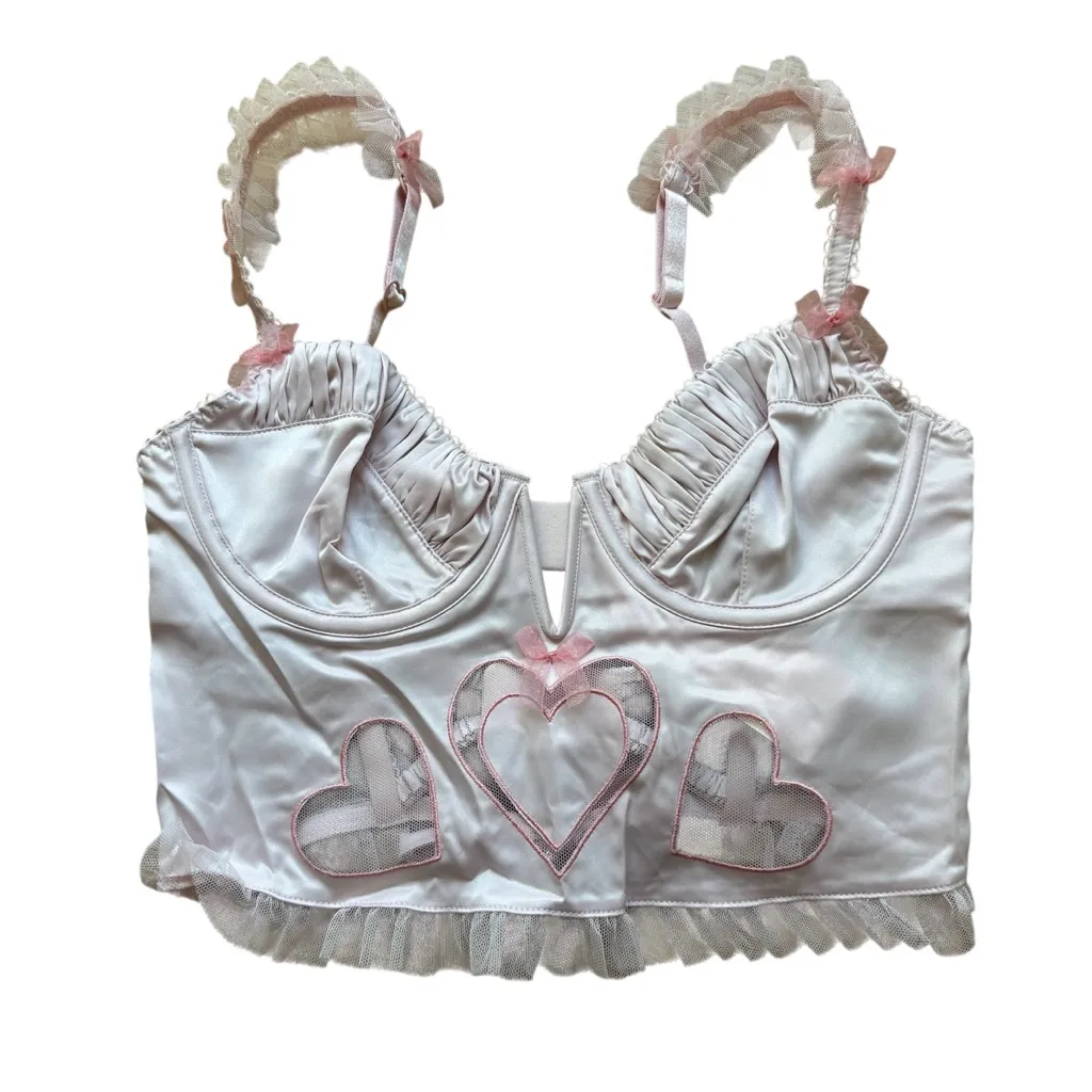 For Love & Lemons Pink Heart Corset Bustier Top Mesh Lace Up Back Coquette S NWT - Image 4