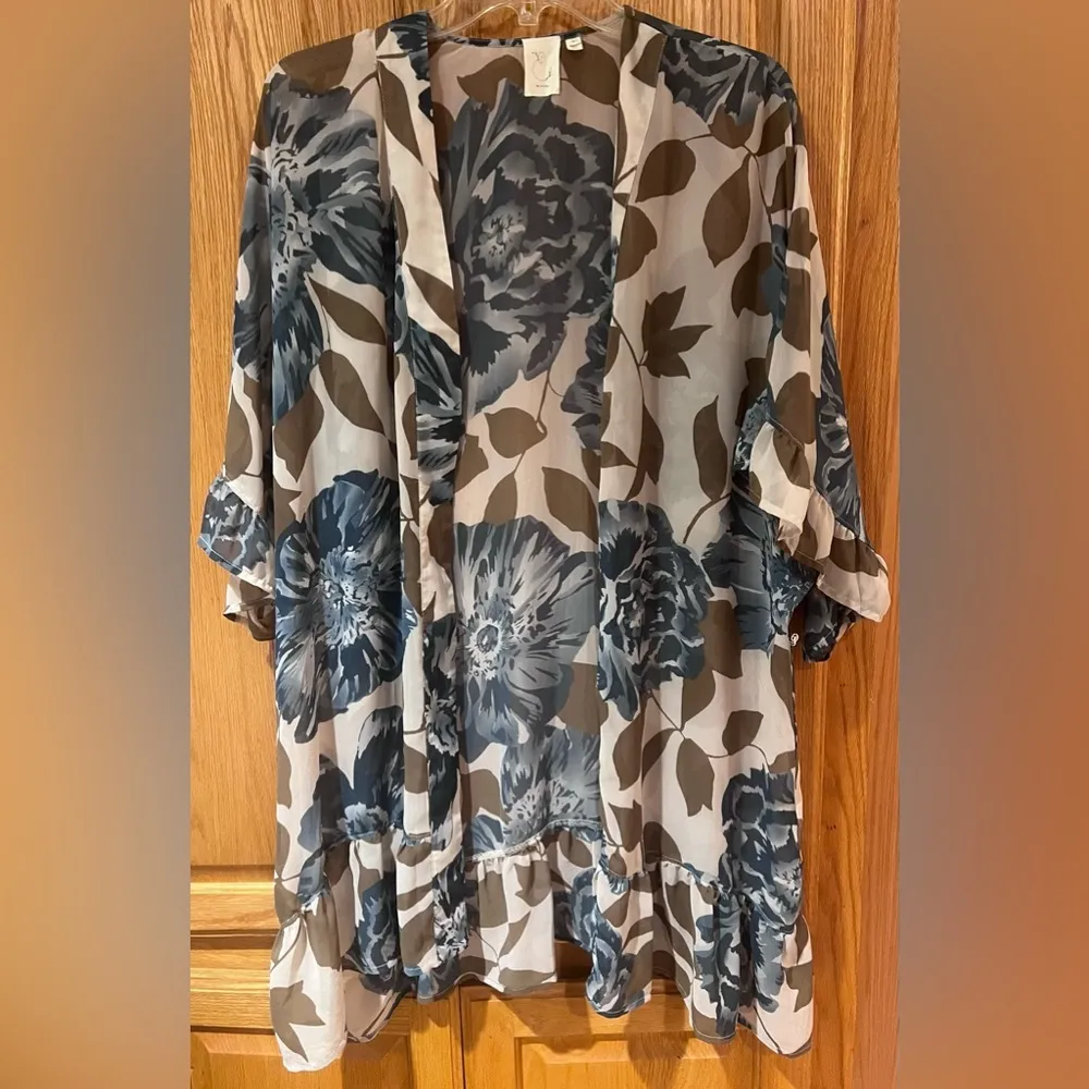 Anthropologie E by Eloise Blue & Brown Floral Ruffle Sheer Kimono Robe Size XS/S - Image 2