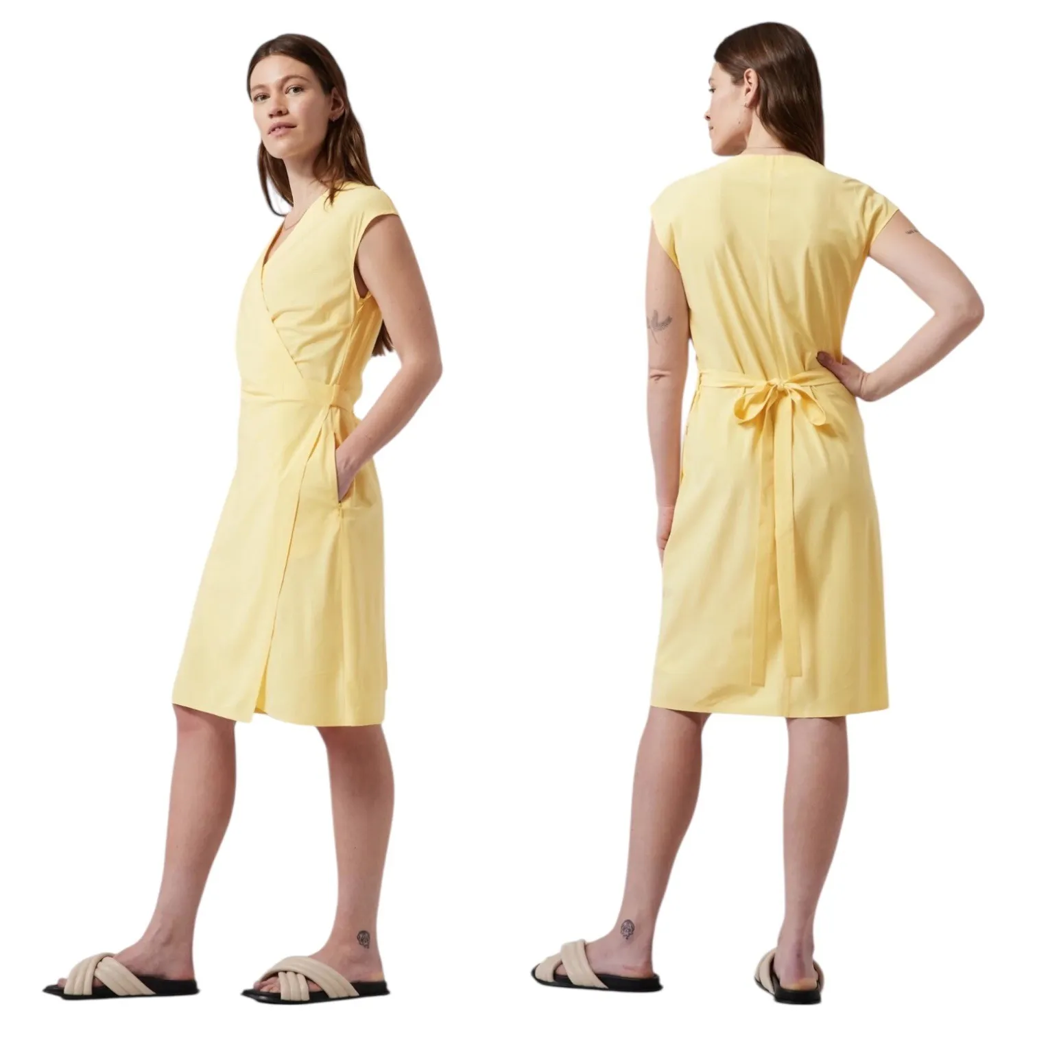 Athleta Newport Wrap Dress Yellow Pinstripe Short Sleeve Belted Midi Athletic L - Image 2