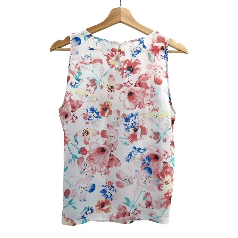 Elle MEDIUM White Pink Floral Chiffon Pleated Scoop Neck Sleeveless Top Blouse - Image 5