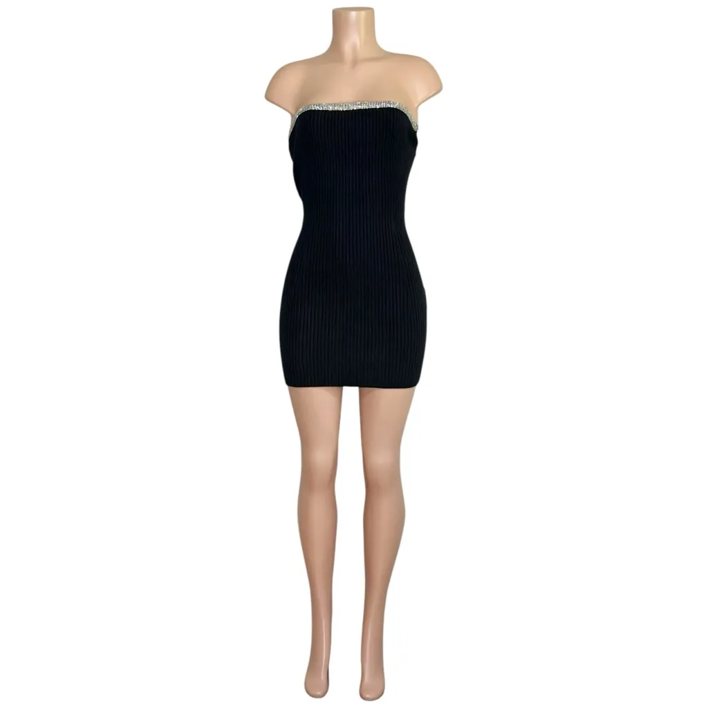 BA&SH Diana Strapless Crystal Embellished Ribbed Mini Bodycon Dress, Black, 0/XS - Image 11
