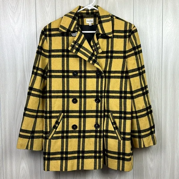 Neiman Marcus Women Shirt Jacket Medium Yellow Plaid Pea Coat Wool Double Breast - Image 1