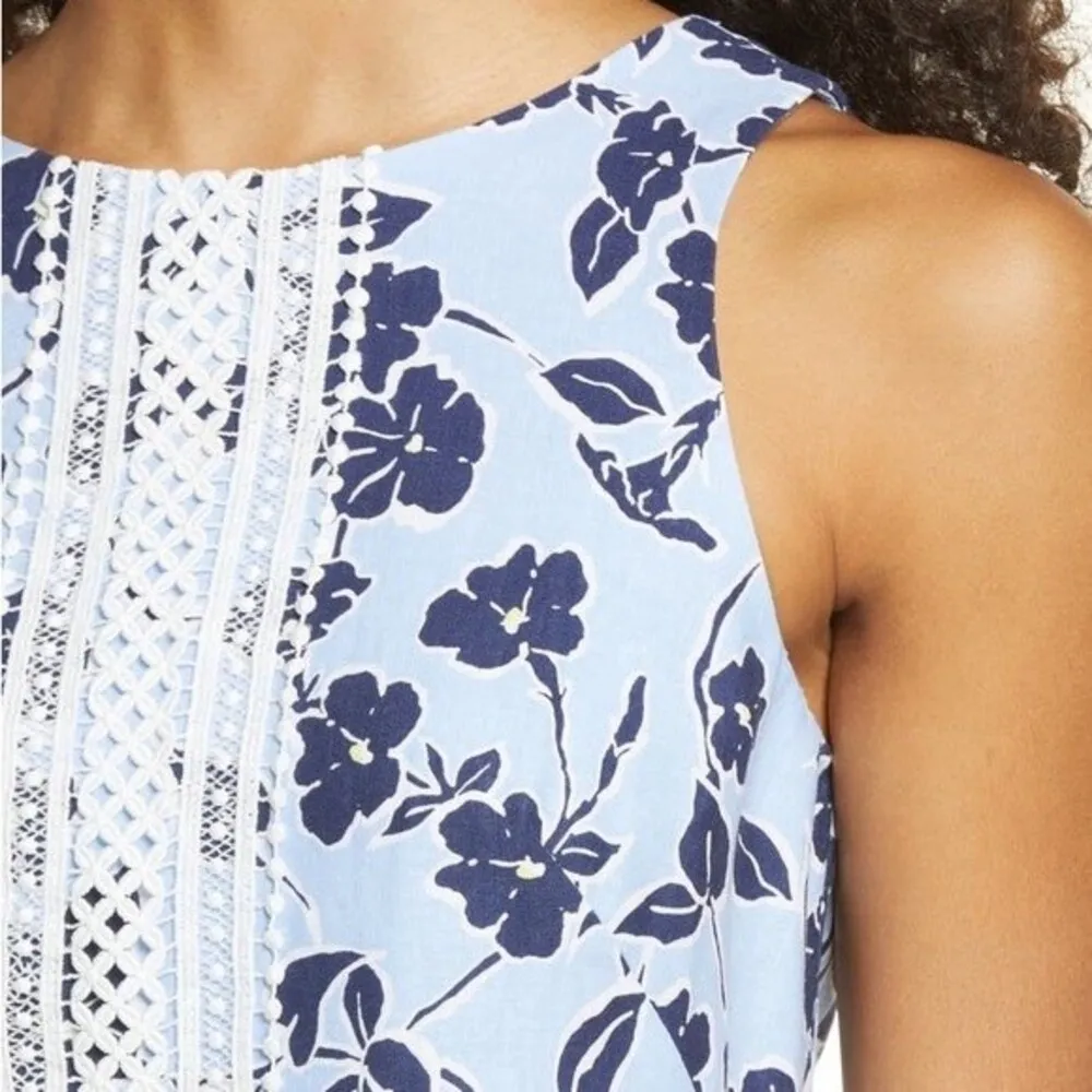 NWT Eliza J Mini Dress Size 4 Lace Trim Floral Blue & White Coastal Shift NEW - Image 7