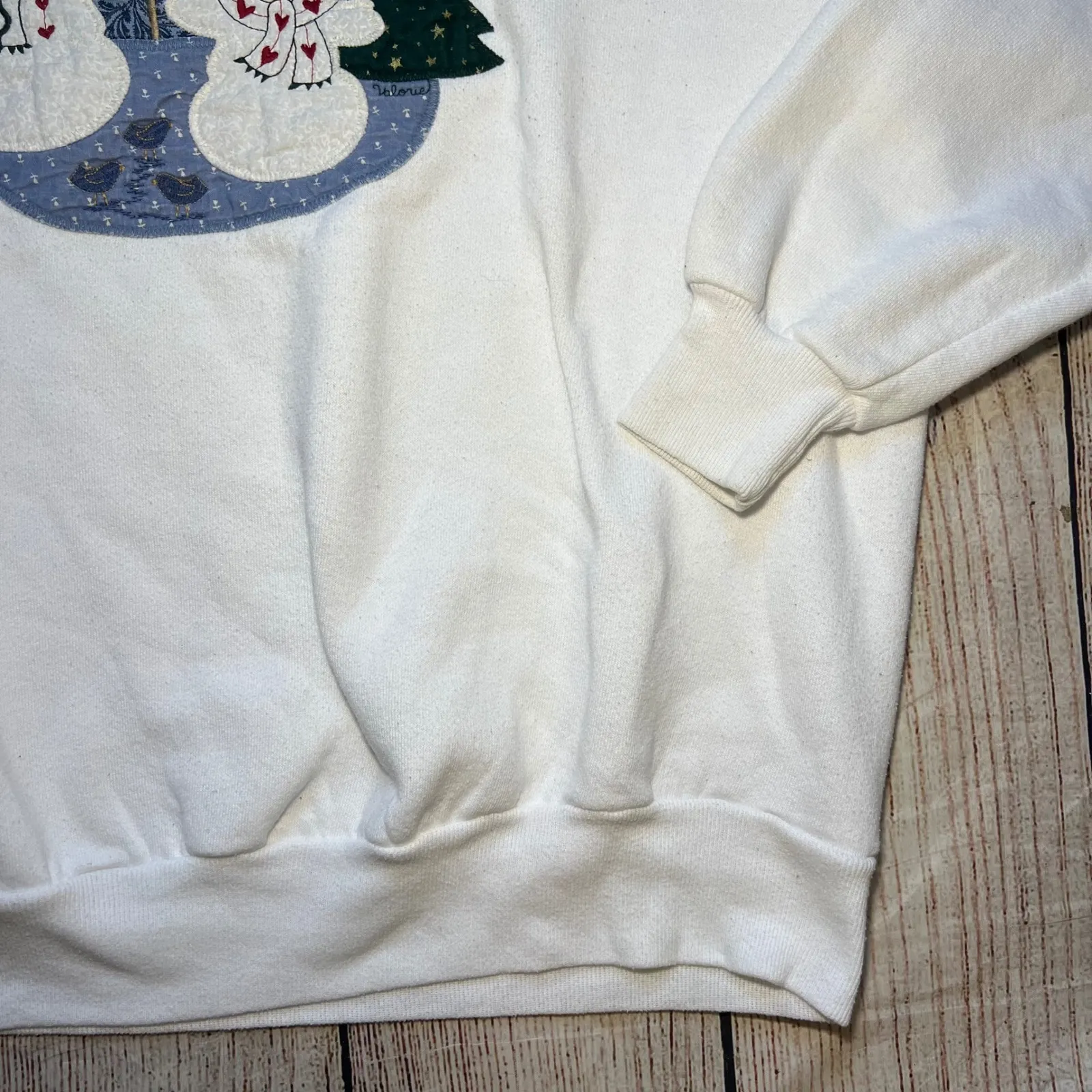 VTG 90s Folk Art Applique
Sweatshirt XL Embroidered Snowman Made‎ USA Christmas White - Image 3