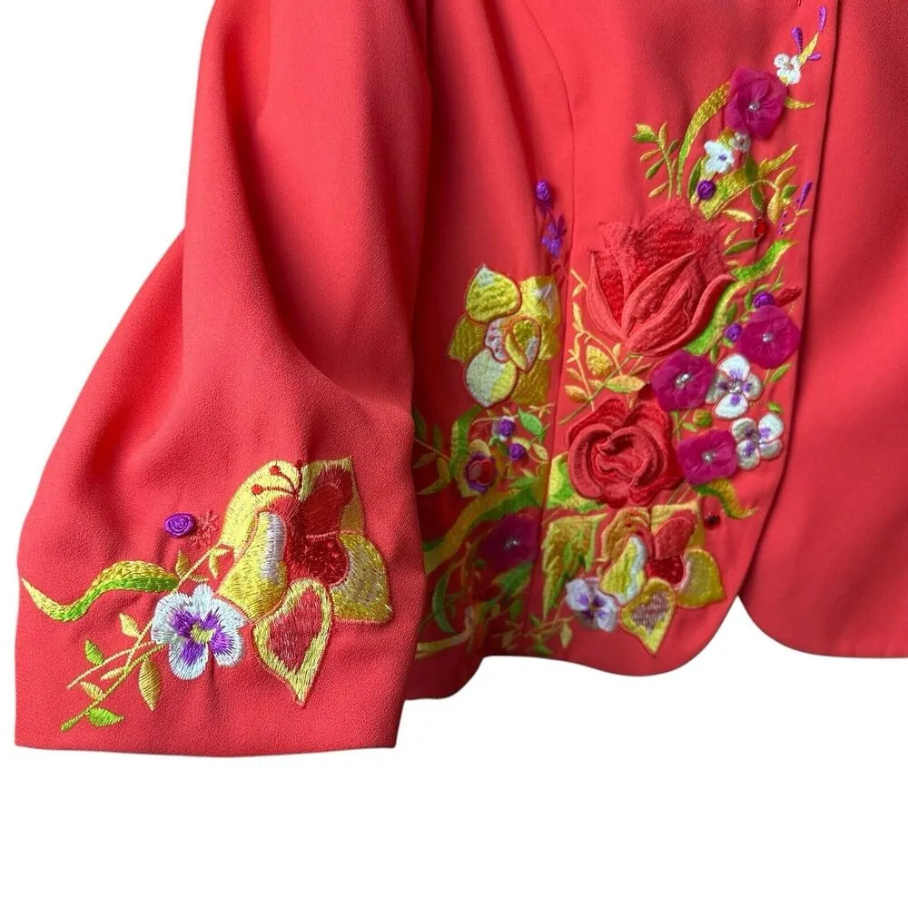 John Meyer Norwich Bright Orange Floral Embroidered Vintage Lined Blazer Sz 14 - Image 4