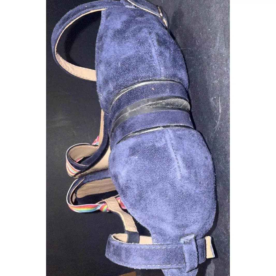 ANTHROPOLOGIE "Elenore" Blue Suede Preppy Designer Classic T-Strap Sandals 8 - Image 7