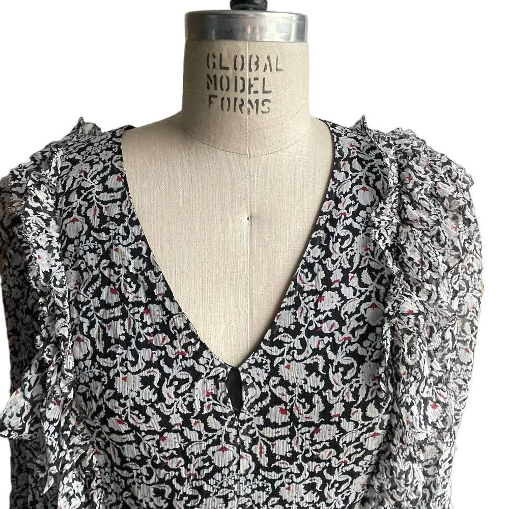 joie Ruffle Floral High Low 100% Silk Prairie Dress in Black & White Size Medium - Image 5