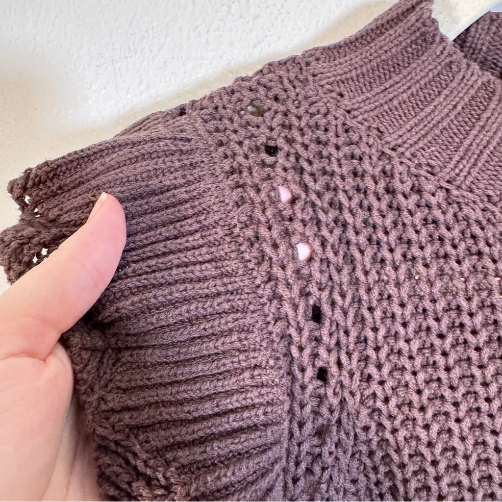 Evereve Chocolate Brown Crochet Knit Sweater Womens S Ruffled Coquette Girly - Image 8