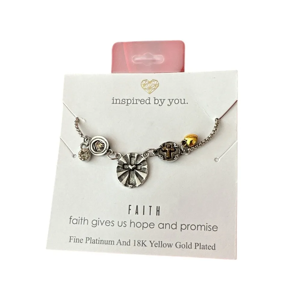 NWT Platinum and Yellow Gold Plated 18k FAITH Bolo Charm Slide Bracelet Silver - Image 4