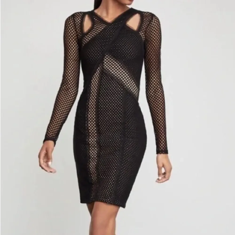 BCBGMaxAzria Jaylynn Mesh Bondage Goth Cocktail Dress XXS Bodycon Black & Nude - Image 3