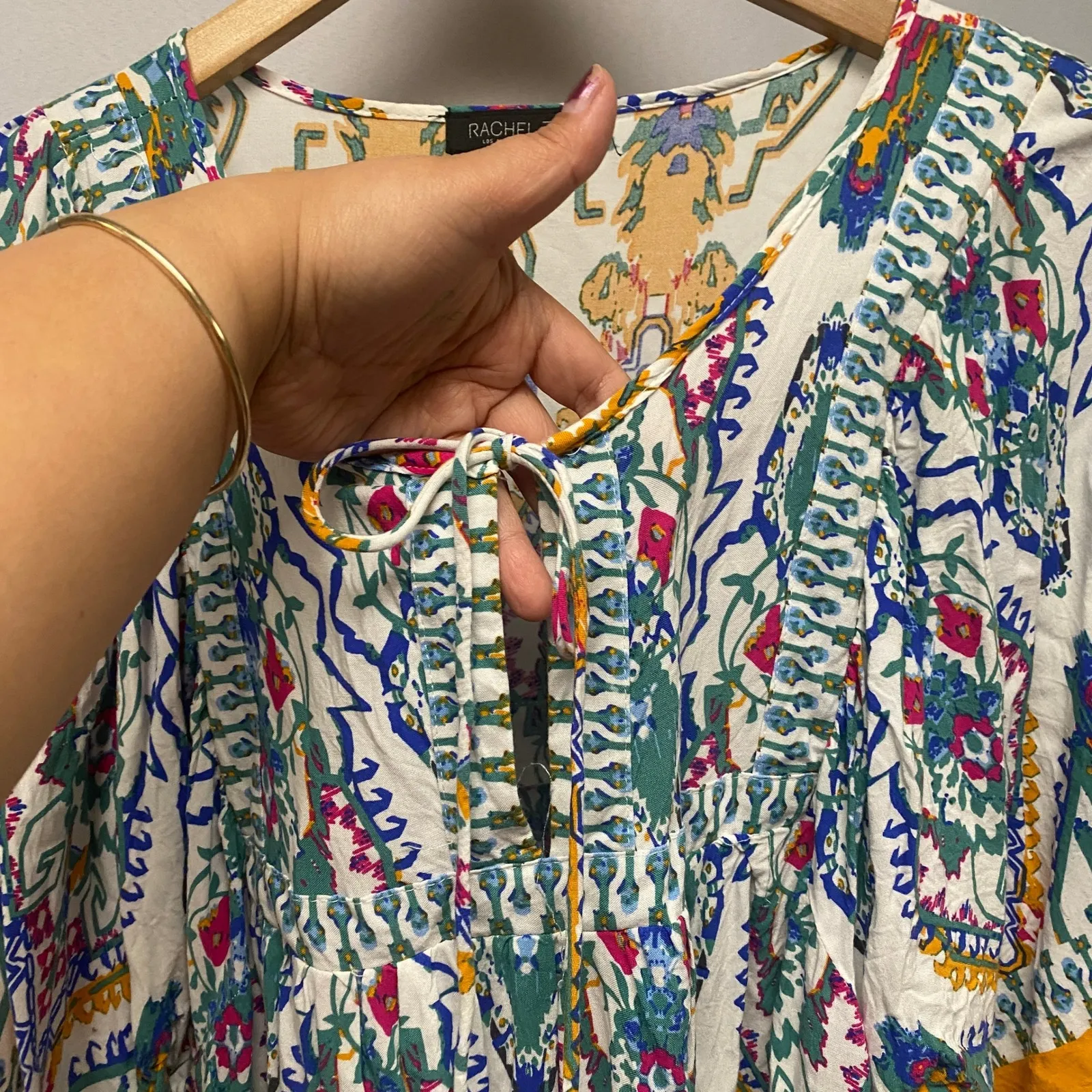 Rachel Zoe Bohemian Paisley Print Tunic Dress Tie Neck Tassel Ruffle Hem 1X - Image 8