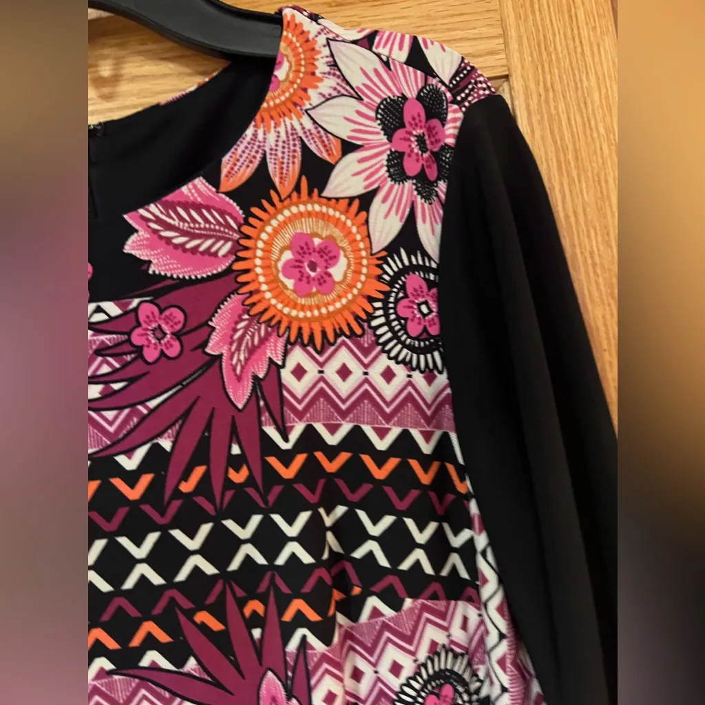 Donna Morgan 3/4 Sleeve Pink Floral‎ Print Stretch Jersey Shift Black Dress Sz 2 - Image 4