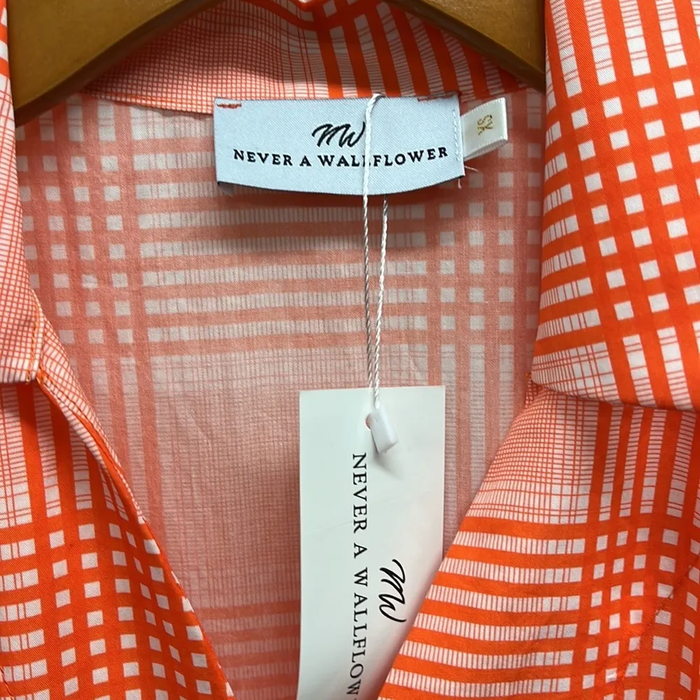 Never a Wallflower Orange & White Checkered Plaid Tie Waist Dress Pockets XS - Image 3