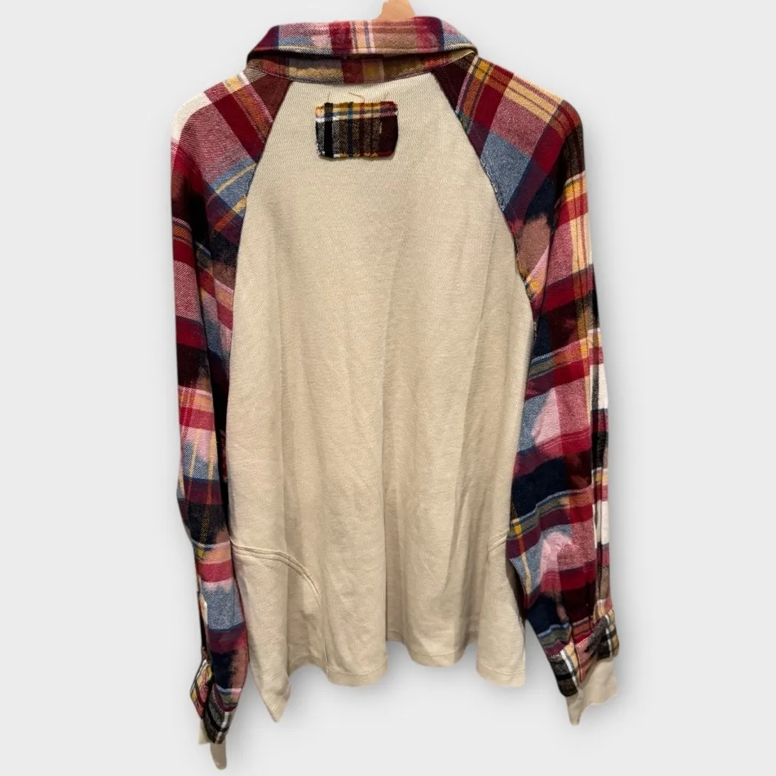 FREE PEOPLE Isabelle Plaid Trim Thermal Henley In Mink Combo Size Large - Image 6