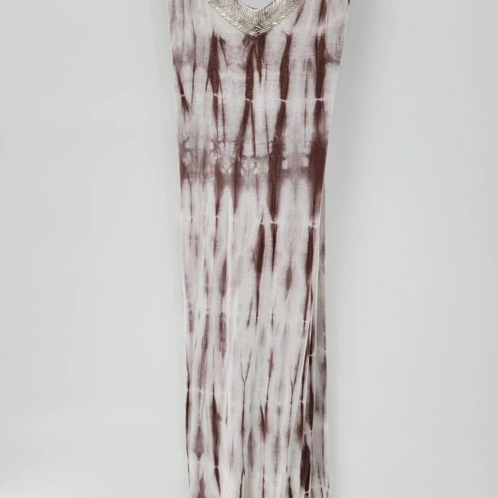 Design History Tank Maxi Dress Womens L Brown Tie Dye Beaded Sequin V Neck Soft - Image 10